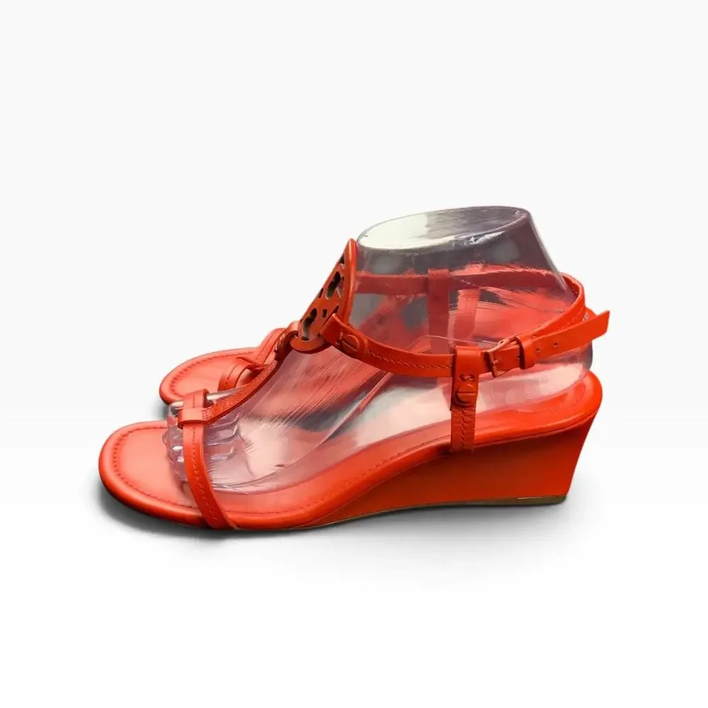 Tory Burch Women’s Orange Leather Logo Medallion T-Strap Wedge Sandals Size 8.5M